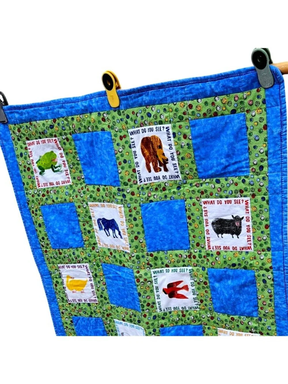 Vintage 90s Brown Bear What Do You See Baby Quilt Blue Green Cotton 39x32" Carle - Picture 8 of 12